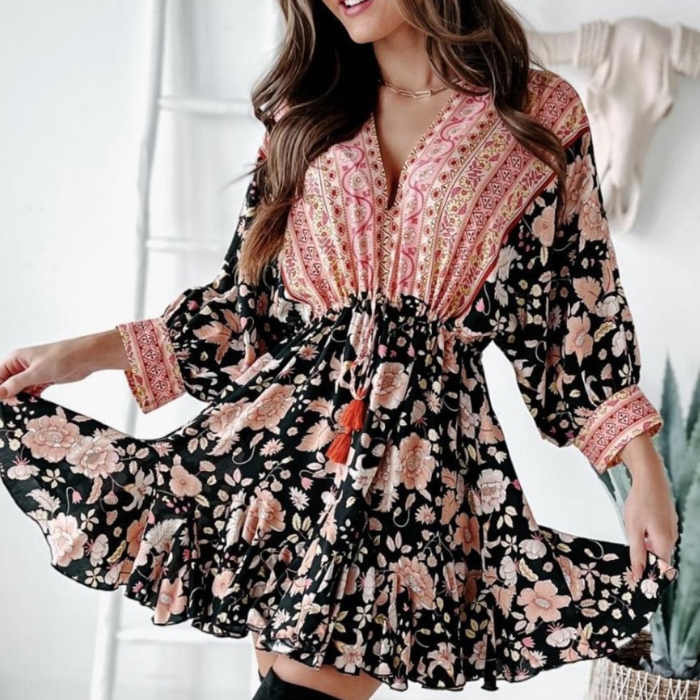 NanaMacs Black and Pink Floral Mini Dress